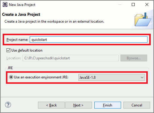 Képernyőkép az Új Java-projekt varázslóról, a Java-projekt létrehozásához szükséges kijelölésekkel.
