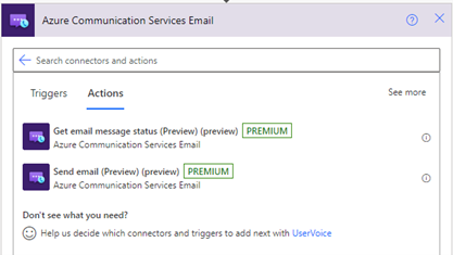 Képernyőkép az Azure Communication Services e-mail-összekötő e-mail küldése műveletről.