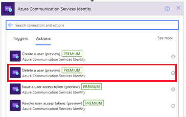Képernyőkép az Azure Communication Services Identity-összekötő Törlés felhasználói műveletről.