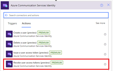 Képernyőkép az Azure Communication Services Identity-összekötő Hozzáférési jogkivonat visszavonása műveletről.
