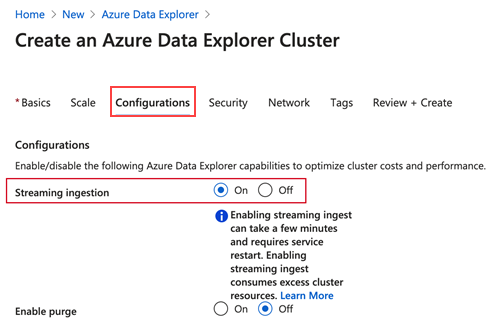 Streambetöltés engedélyezése fürt létrehozásakor az Azure Data Explorer-ban.