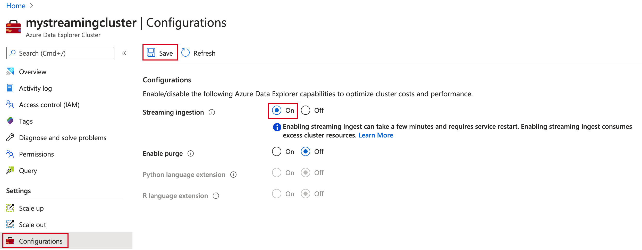 Kapcsolja be a streambetöltést az Azure Data Explorer.