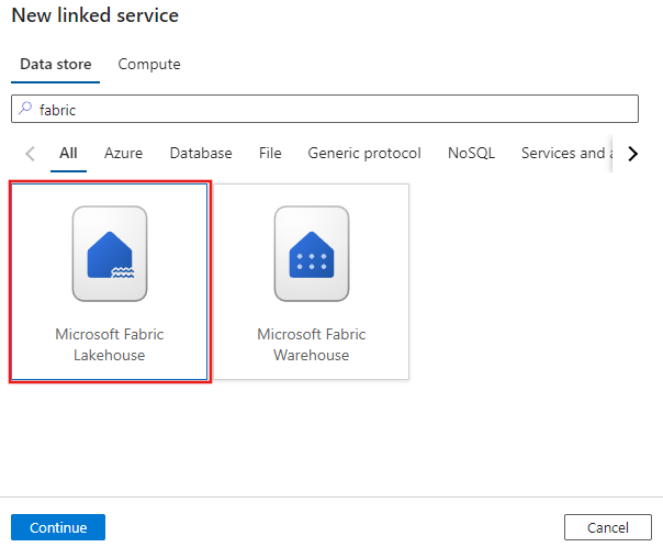Képernyőkép a Microsoft Fabric Lakehouse-összekötő kiválasztásáról.