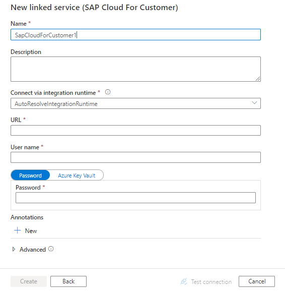 Configure a linked service to SAP Cloud for Customer.