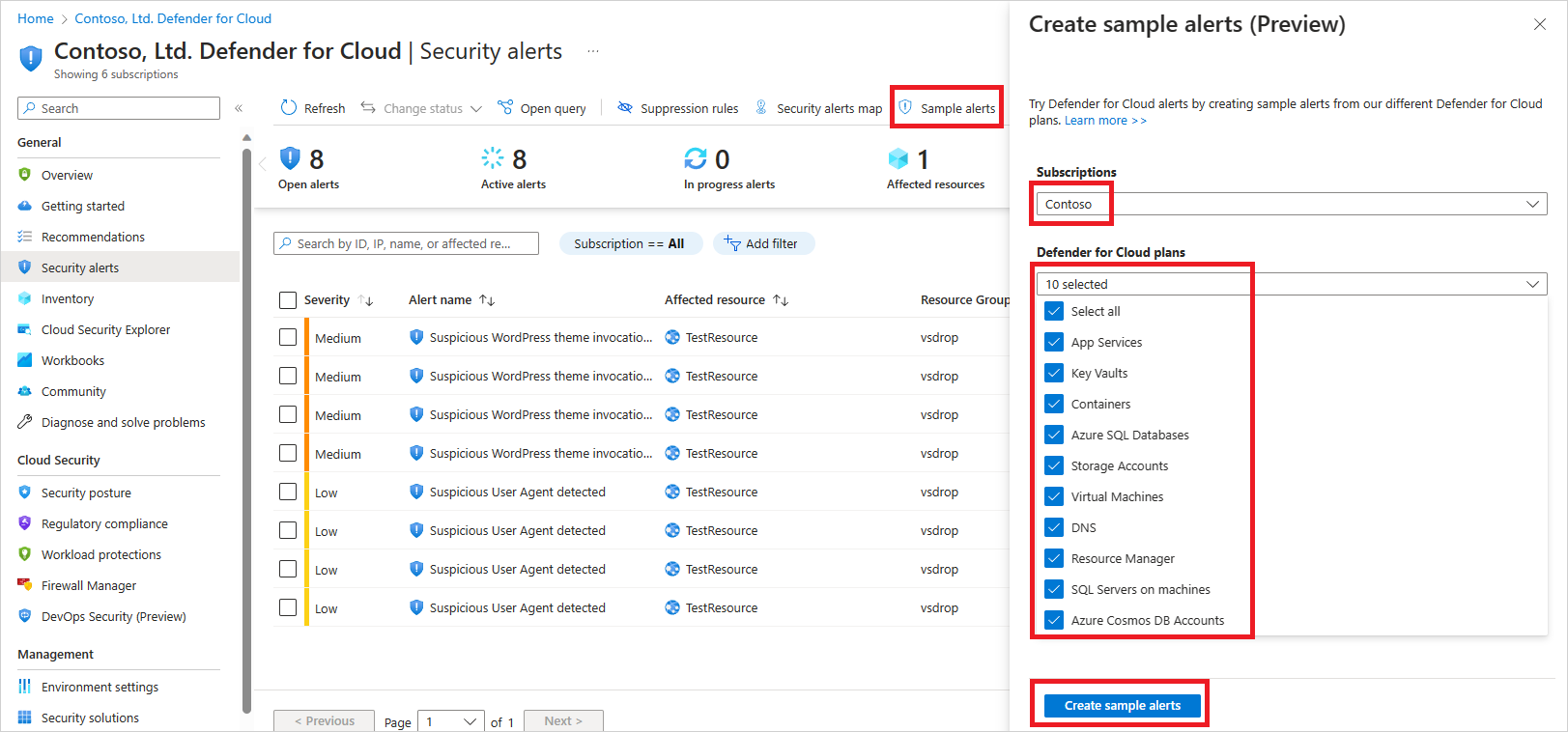 Steps to create sample alerts in Microsoft Defender for Cloud.