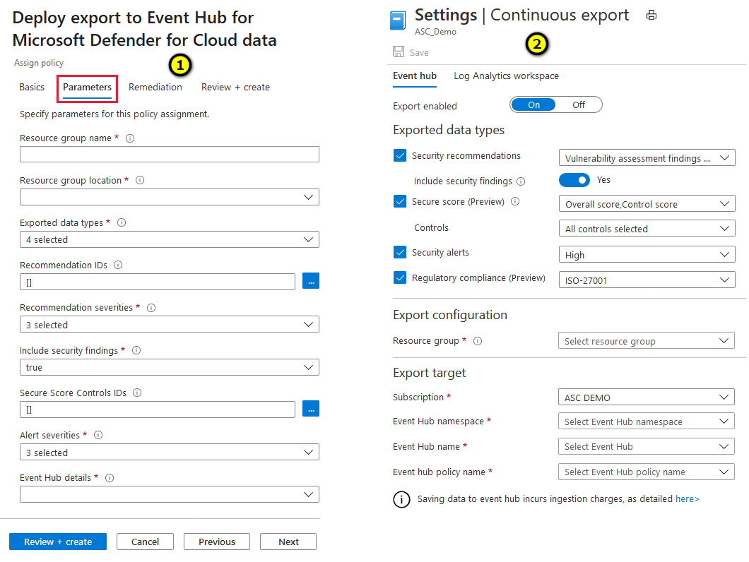 Comparing the parameters in continuous export with Azure Policy.