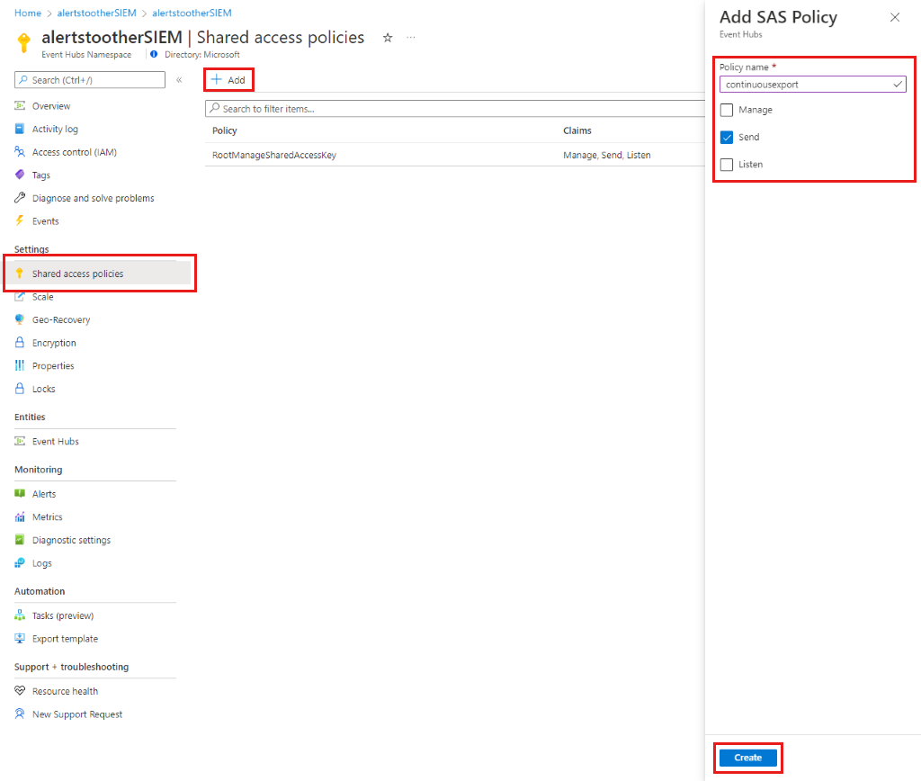 Screenshot of creating a shared policy in Microsoft Event Hubs.