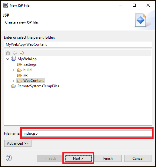 New JSP File (Új JSP-fájl) párbeszédpanel