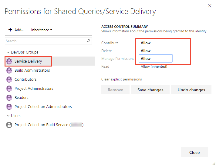 Képernyőkép az Azure DevOps Server 2019 lekérdezésmappájának Engedélyek párbeszédpaneléről.