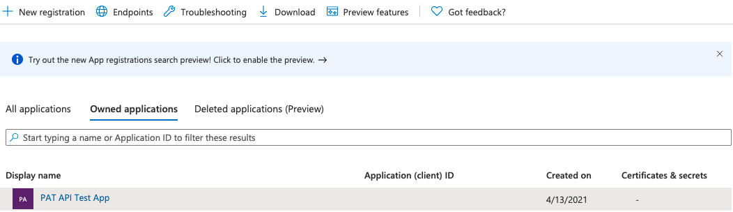 Képernyőkép a megnyitott Microsoft Entra-azonosítóról, alkalmazásregisztrációkról.