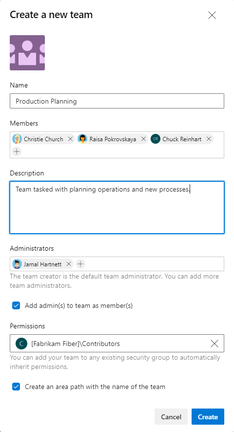Képernyőkép az Új csapat létrehozása párbeszédpanelről, amelyen engedélyezve van az Új Teams előzetes verziójú funkció.