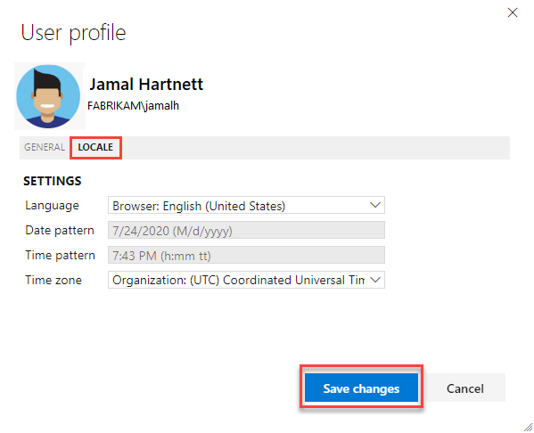 Képernyőkép a Felhasználói profil párbeszédpanel Területi beállítás lapról.
