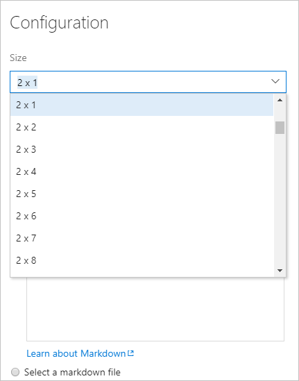 Képernyőkép a Markdown widget konfigurációs párbeszédpaneléről, a méret módosításáról.