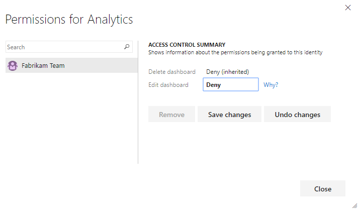 Az Azure DevOps Server 2019 Analytics-irányítópultjának engedélyei párbeszédpanel.