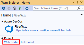 Képernyőkép a WebPortál hivatkozásról a Team Explorer Kezdőlap nézetében a Visual Studio 2019-ben.