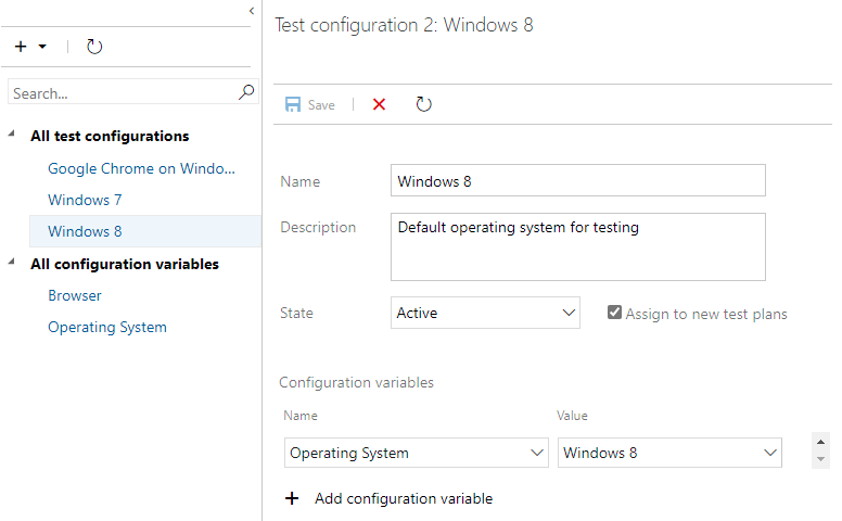 Képernyőkép az Azure Test Plans, Configurations Hubról