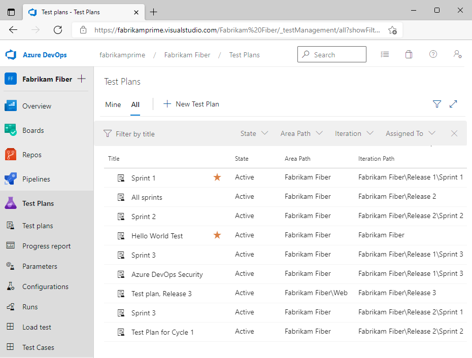 Képernyőkép az Azure-tesztcsomagok, a tesztcsomagok és az összes csomagról