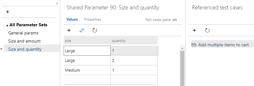 Képernyőkép az Azure Test Plans, Parameters Hubról