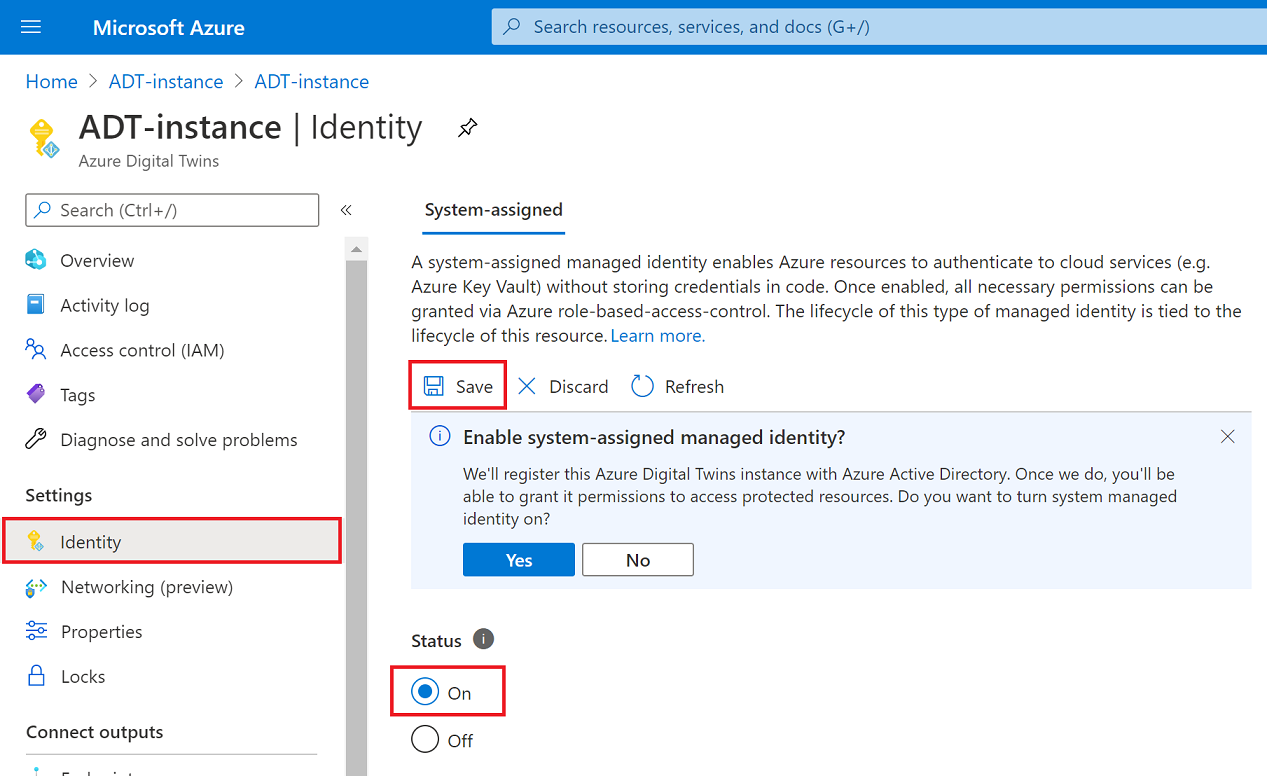Screenshot of the Azure portal showing the Identity page for an Azure Digital Twins instance.