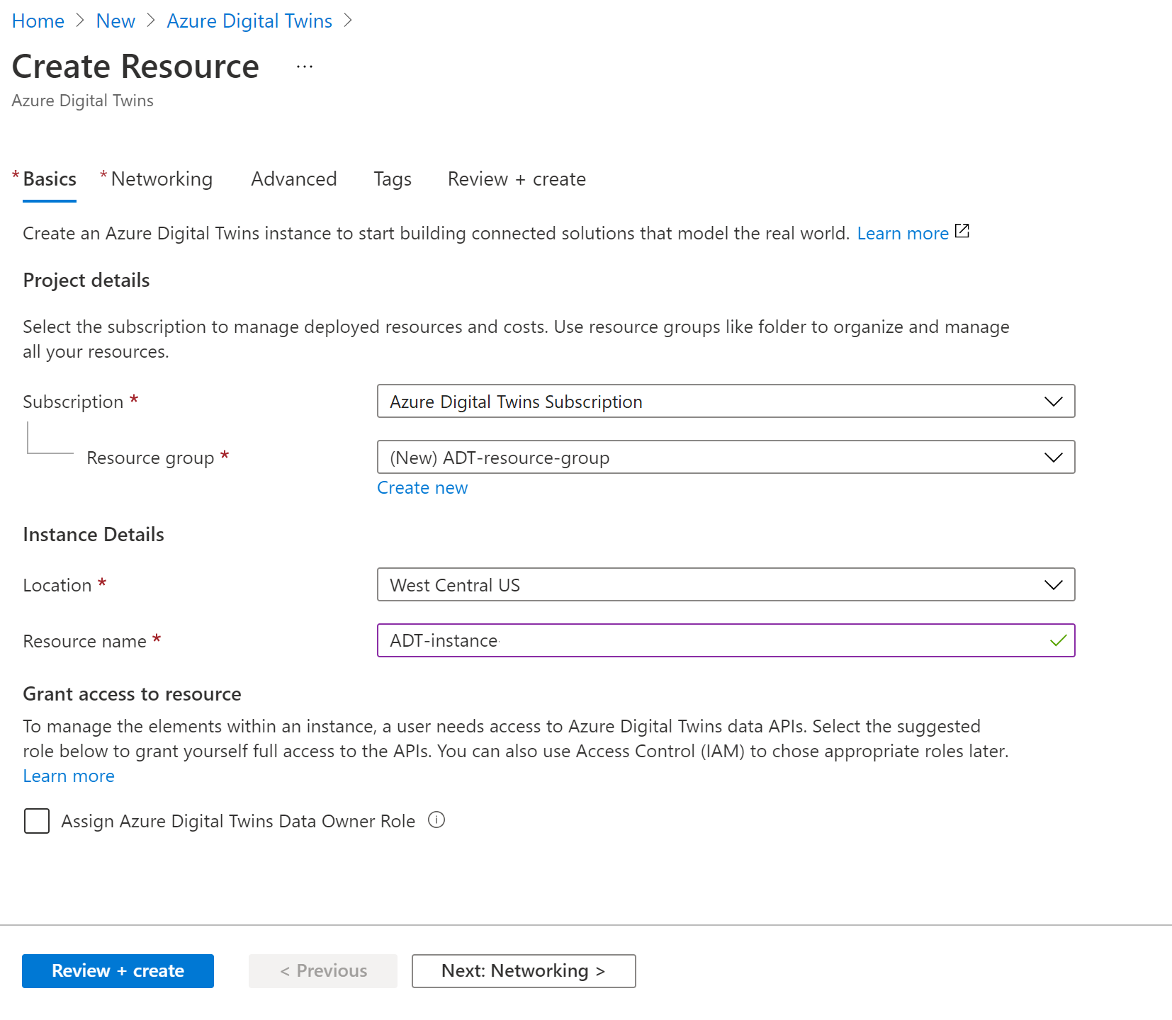 Screenshot of the Create Resource process for Azure Digital Twins in the Azure portal. The described values are filled in.