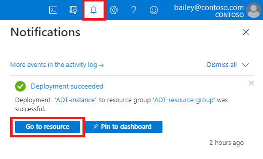 Screenshot of the Azure notifications showing a successful deployment and highlighting the 'Go to resource' button in the Azure portal.