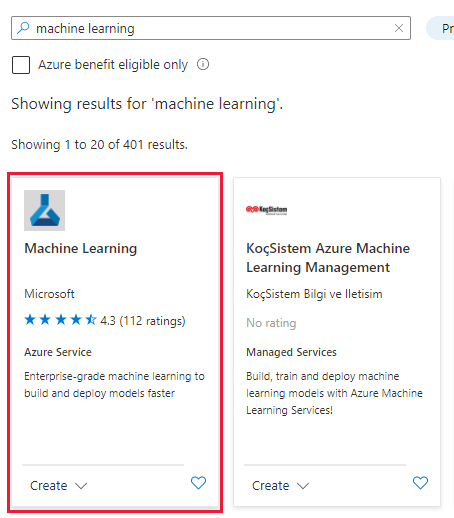 Screenshot shows search results to select Machine Learning.