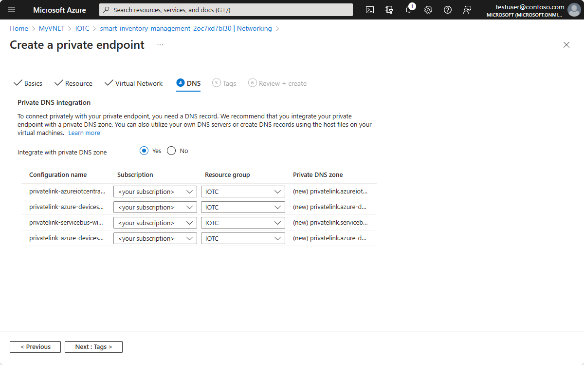 A privát DNS-integrációt bemutató Azure Portal képernyőképe.