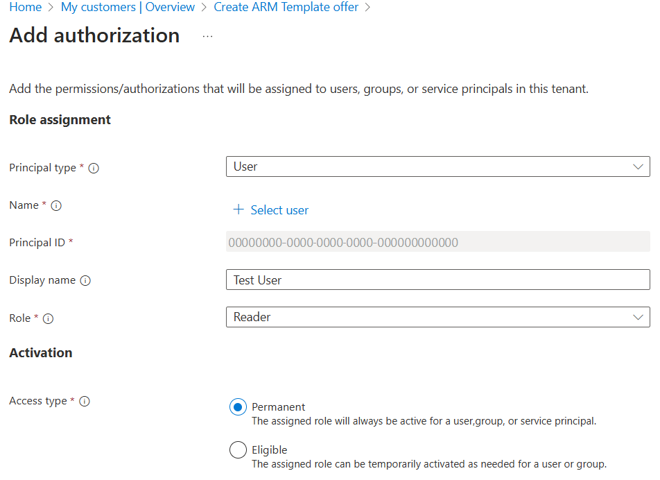 Screenshot of the Add authorization section in the Azure portal.