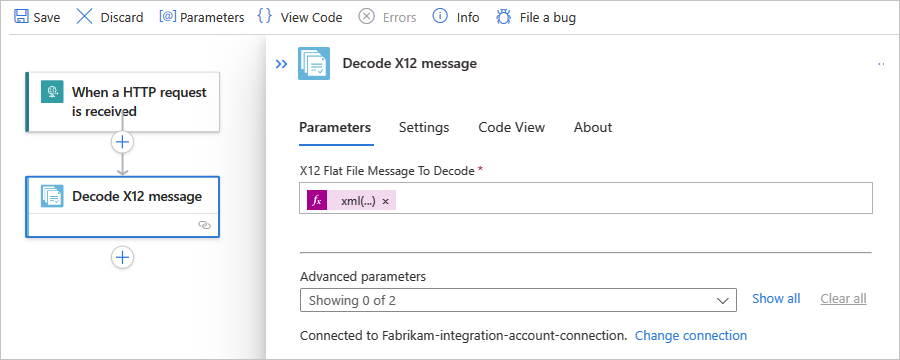Screenshot showing Standard workflow, action named Decode X12 message, and action properties.