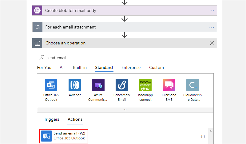 Képernyőkép az Office 365 Outlook e-mail-küldési műveletének kiválasztásáról.