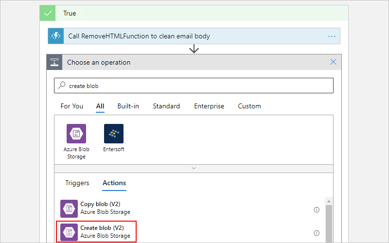 Képernyőkép a kijelölt Blob létrehozása nevű Azure Blob Storage-műveletről.