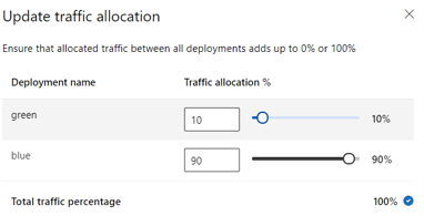 Screenshot showing slider interface to set traffic allocation between deployments