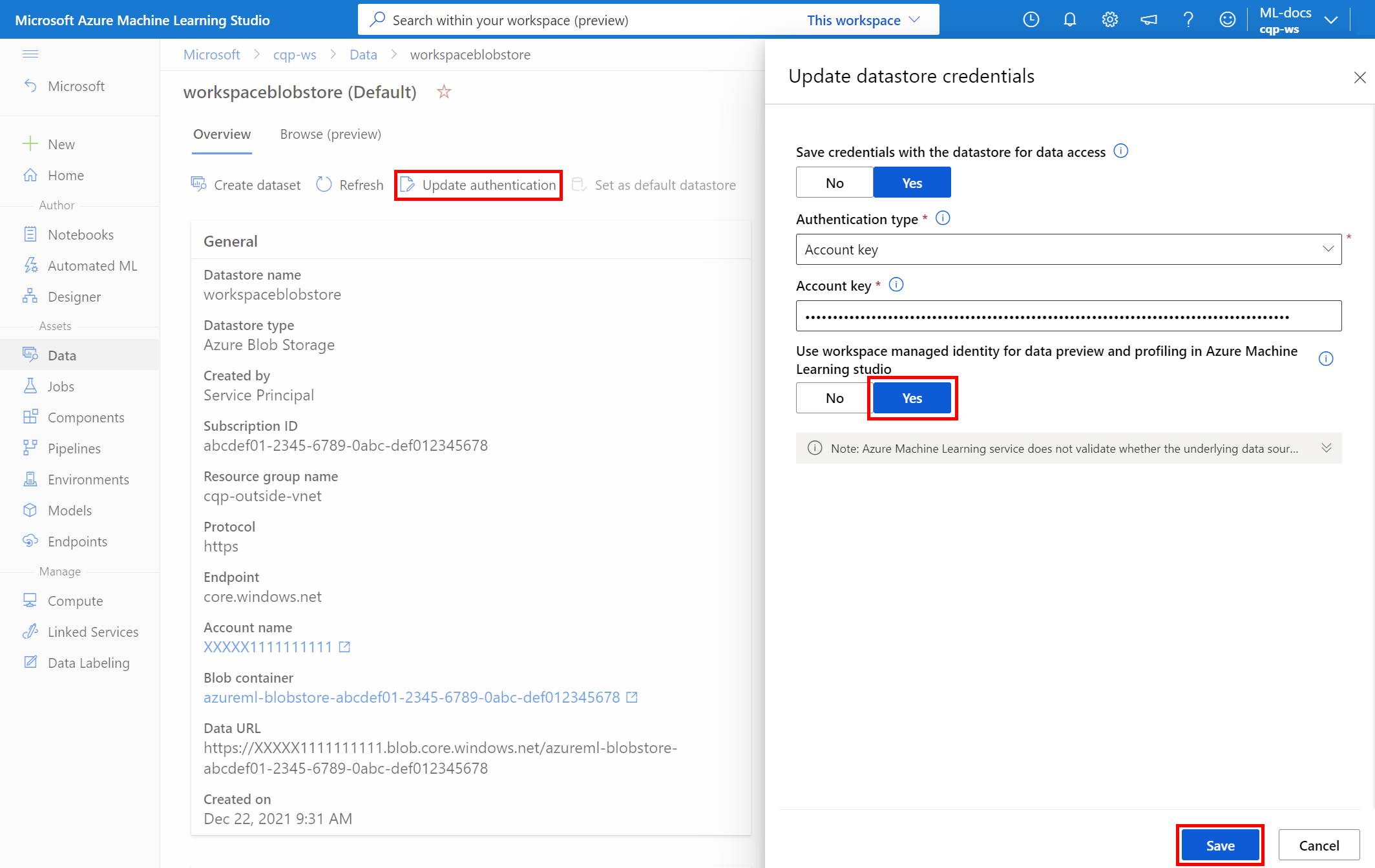 Screenshot showing how to enable managed workspace identity