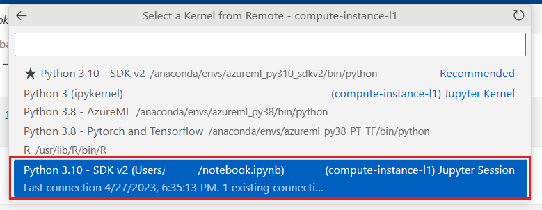 Képernyőkép a kernel VS Code-ban való kiválasztásáról.