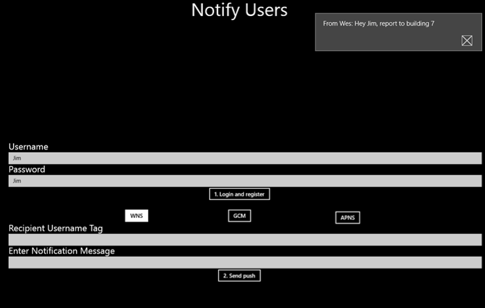 Képernyőkép a Notification Hubs alkalmazásról, amelyen a leküldéses üzenet látható.