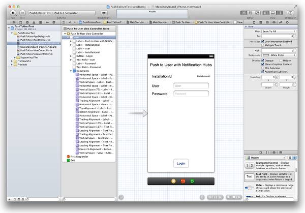 Képernyőkép a MainStoryboard_iPhone.storyboard alkalmazásról a hozzáadott összetevőkkel.