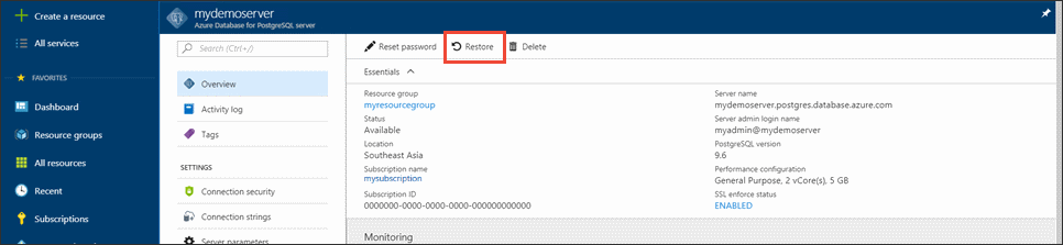 Képernyőkép a kiszolgáló Azure Database for PostgreSQL **Áttekintés** lapjáról, és kiemeli a Visszaállítás gombot.
