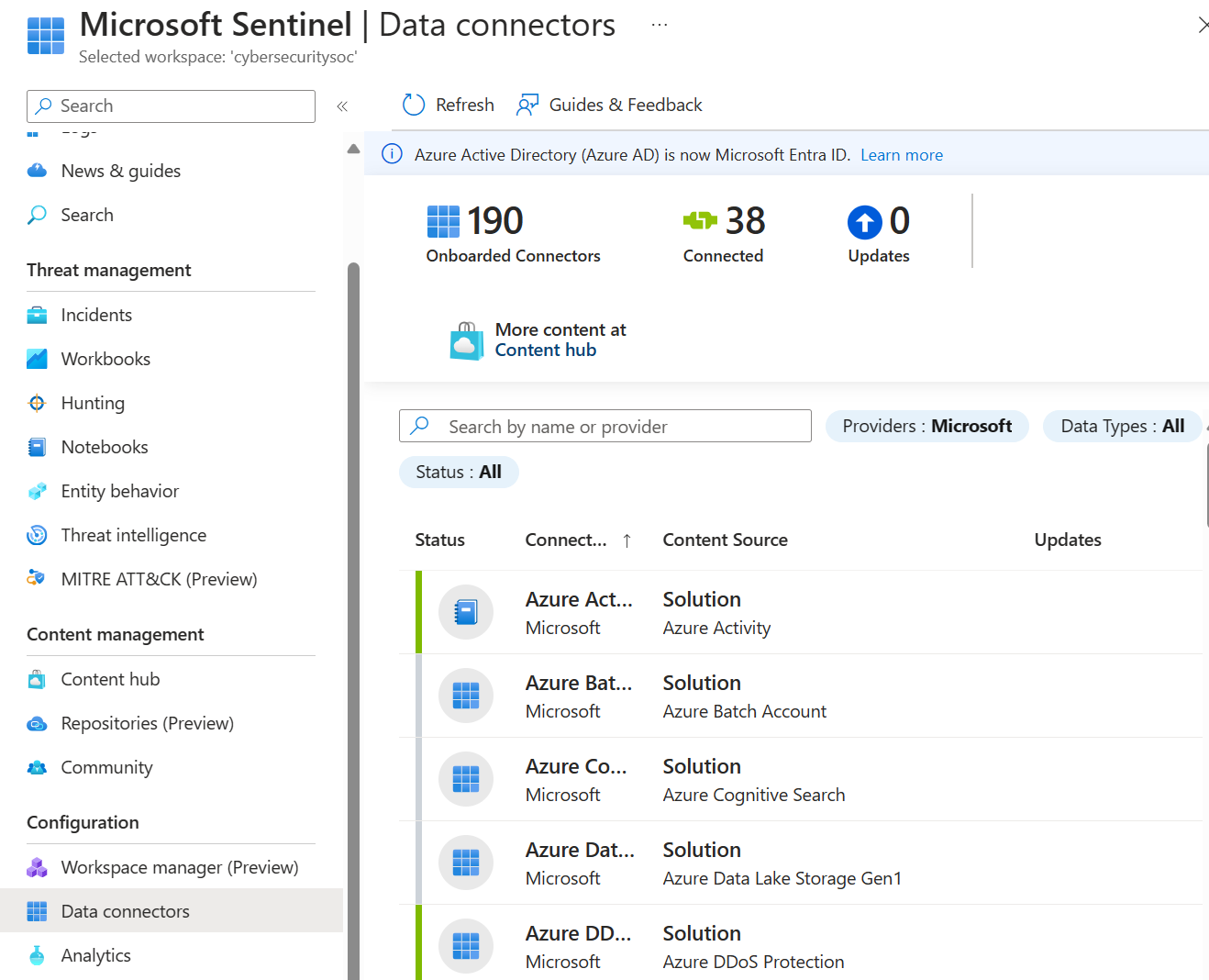 Képernyőkép a Microsoft Sentinel adatösszekötők lapjáról, amelyen az elérhető összekötők listája látható.
