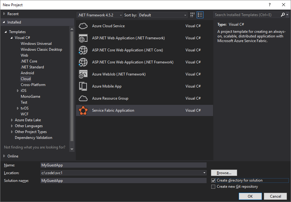 A Visual Studio Új projekt párbeszédpanelje