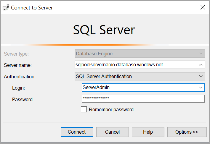 Képernyőkép a SQL Server Management Studio (SSMS) alkalmazásról. Csatlakozzon a kiszolgálóhoz.