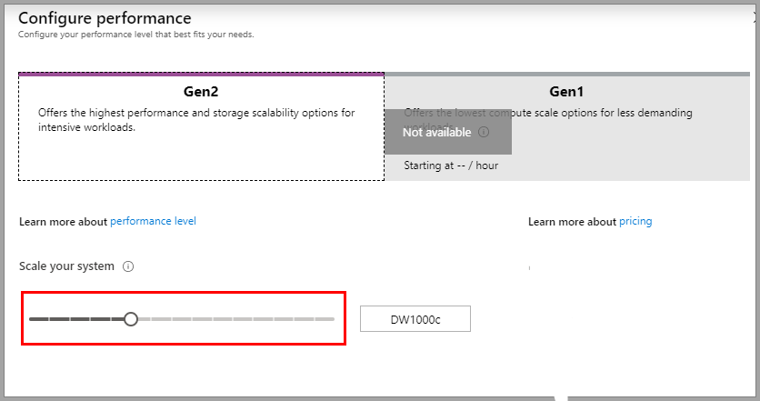 Képernyőkép a Azure Portal. Az adattárház teljesítményszintének módosítása.