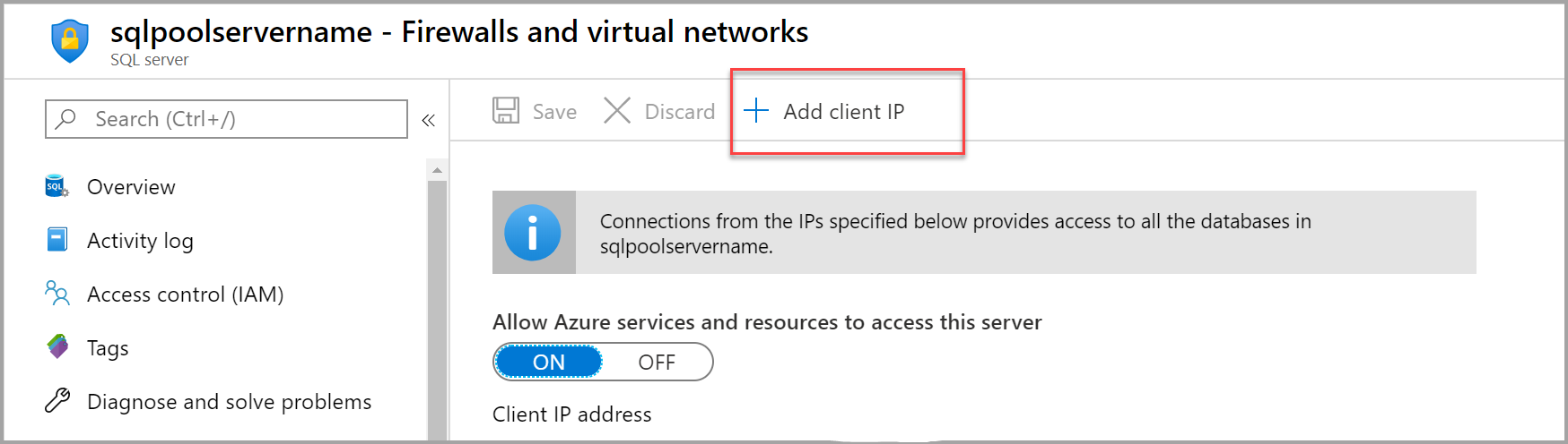 Képernyőkép a Azure Portal. Kiszolgálói tűzfalszabály az Ügyfél IP-címének hozzáadása gombon keresztül.