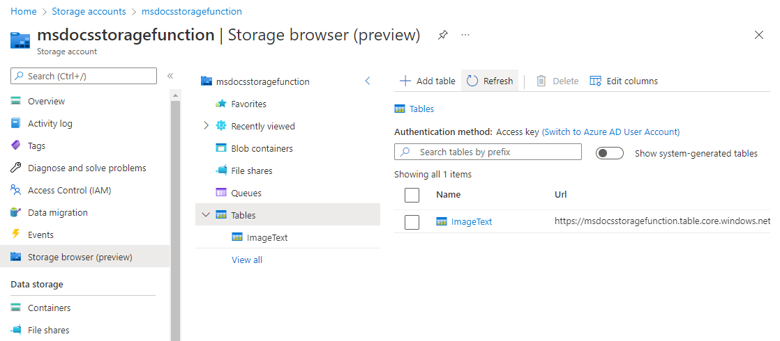 Képernyőkép egy szöveges bejegyzésről az Azure Table Storage-ban.