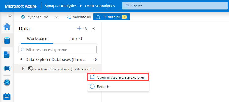 Képernyőkép a Azure Synapse Studióról, amelyen az Azure Data Explorer megnyitása látható egy adott készlet kontextusában.
