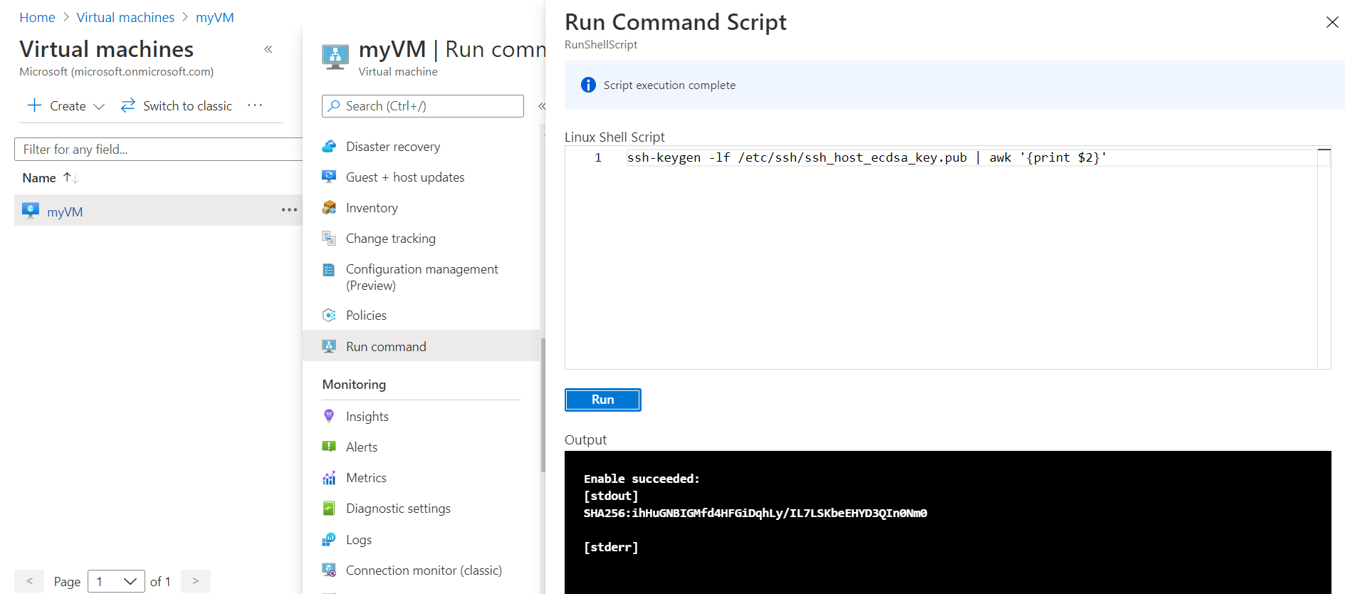 Screenshot showing using the Run Command to validate the host fingerprint.