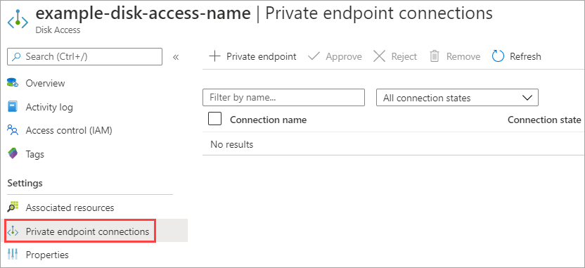 Screenshot of the overview pane for your disk access resource. Private endpoint connections is highlighted.
