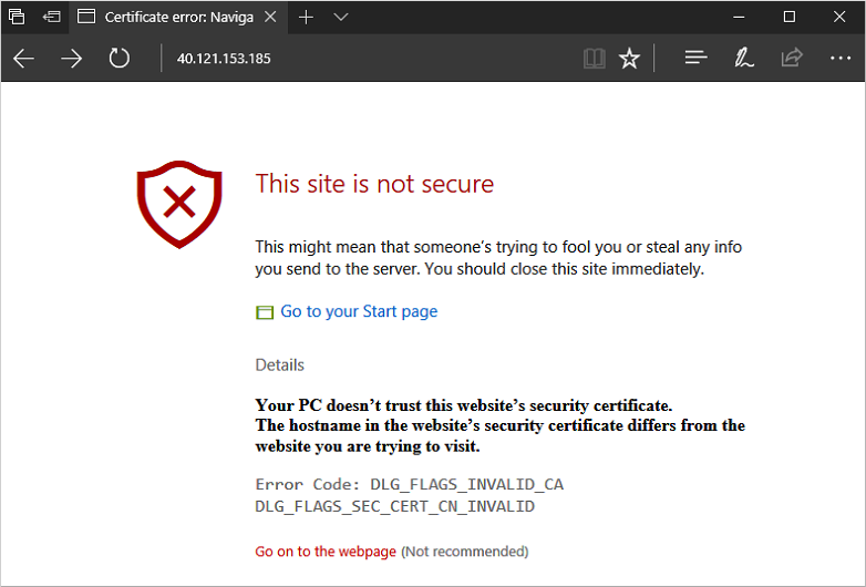 Képernyőkép a webböngésző biztonsági figyelmeztetéséről.