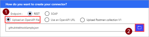 Képernyőkép a Fájl feltöltése OpenAPI lehetőségről.