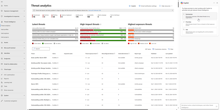 Képernyőkép a Copilot panelről az Defender XDR intelligens kiberveszély-felderítési szolgáltatásában.