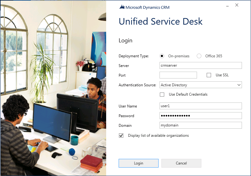 Unified Service Desk kliens bejelentkezési képernyője.